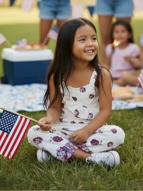 Janie and Jack | Floral Red, White + Blue Romper | Size 6